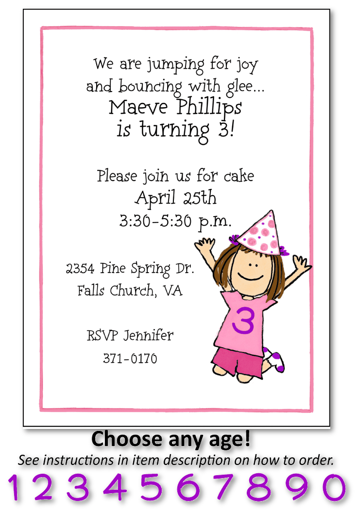 Jumping Birthday Girl Party Invitations