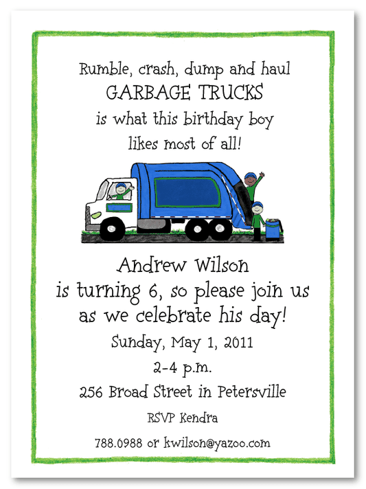 Garbage Truck Party Invitation