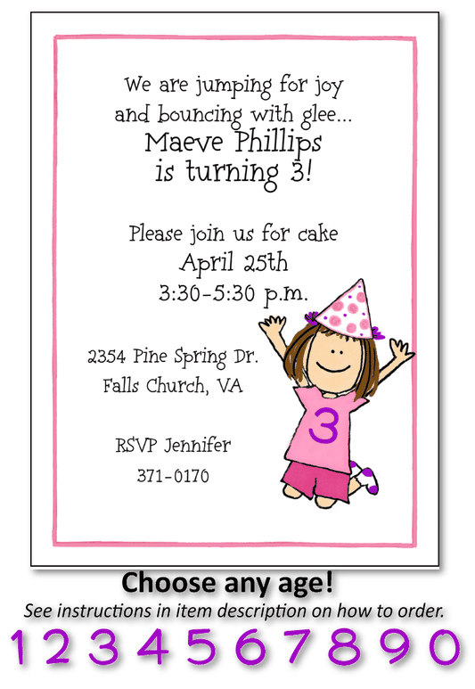 Jumping Birthday Girl Party Invitations